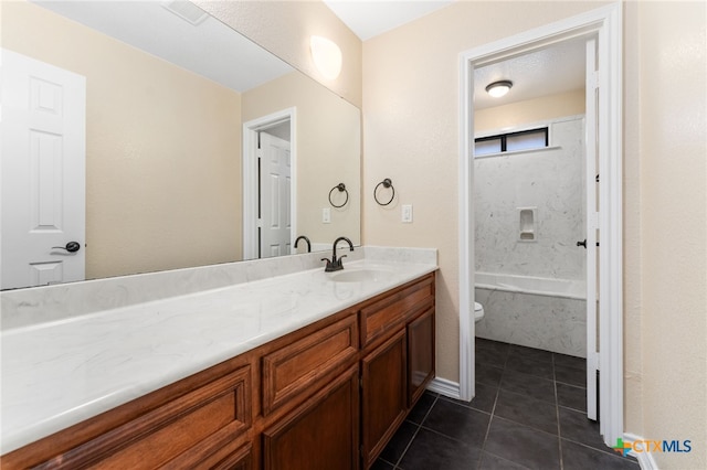 full bathroom with toilet, shower / bath combination, vanity, and tile patterned floors