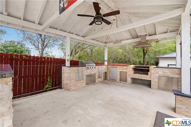 view of patio with a gazebo, grilling area, area for grilling, and ceiling fan