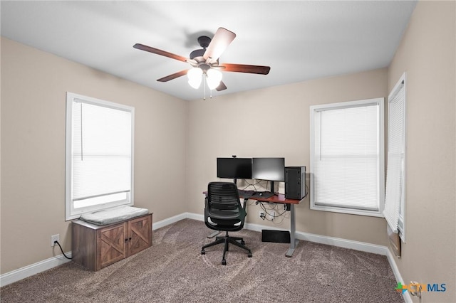 home office with ceiling fan and carpet floors