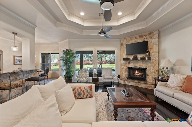 living room with ceiling fan, a raised ceiling, a wealth of natural light, and a stone fireplace