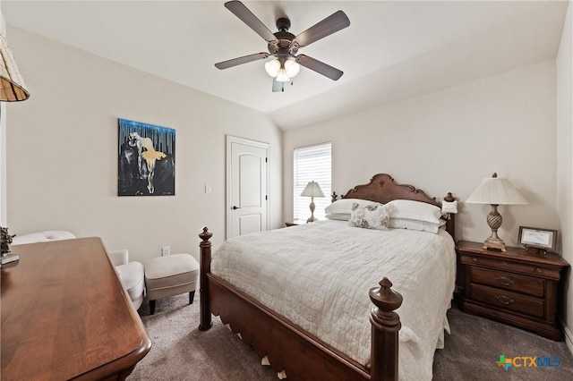 bedroom with carpet floors, vaulted ceiling, and ceiling fan