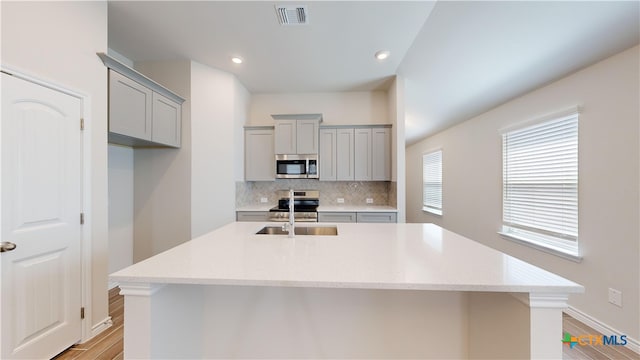 kitchen with gray cabinetry, sink, decorative backsplash, an island with sink, and stainless steel appliances