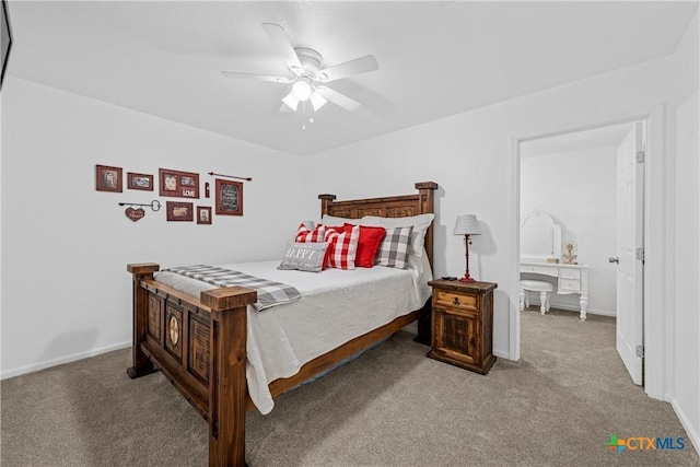 carpeted bedroom with baseboards and a ceiling fan