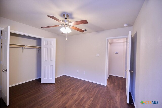6409 Katy Creek Ln, Killeen, TX 76549 - unfurnished bedroom featuring wood finished floors, baseboards, a closet, and a ceiling fan
