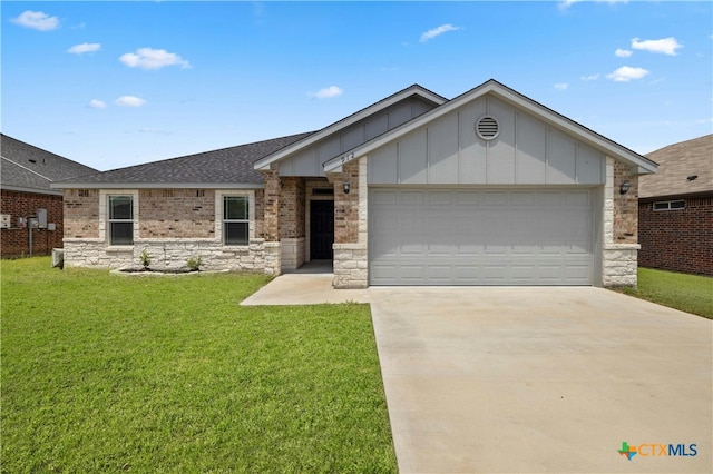 single story home with a garage and a front lawn