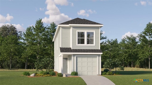 view of side of property featuring a yard and a garage