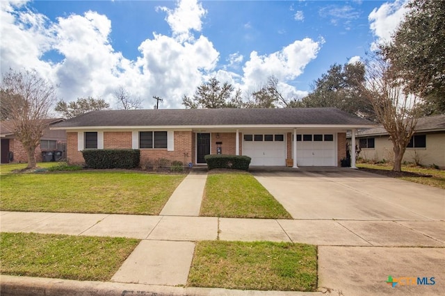 ranch-style house with driveway, a garage, a front lawn, and brick siding