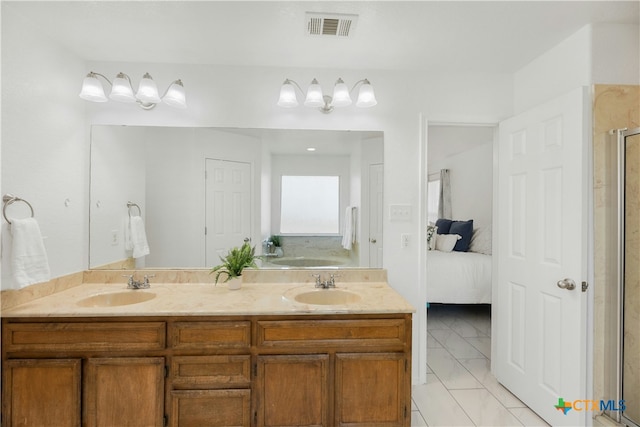 bathroom featuring shower with separate bathtub and vanity