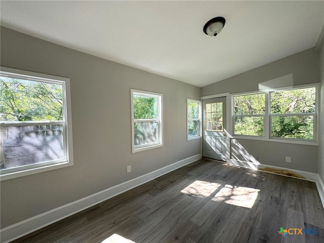 spare room featuring plenty of natural light, dark hardwood / wood-style flooring, and vaulted ceiling