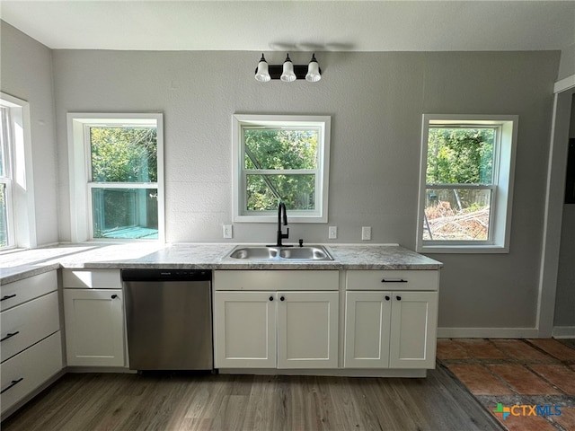 kitchen with a healthy amount of sunlight, sink, white cabinets, and stainless steel dishwasher