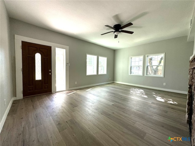 foyer entrance featuring ceiling fan and dark hardwood / wood-style flooring