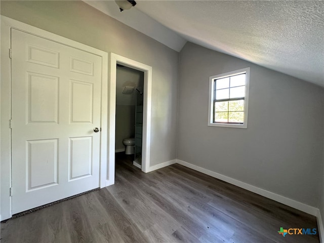 additional living space with wood-type flooring, a textured ceiling, and vaulted ceiling