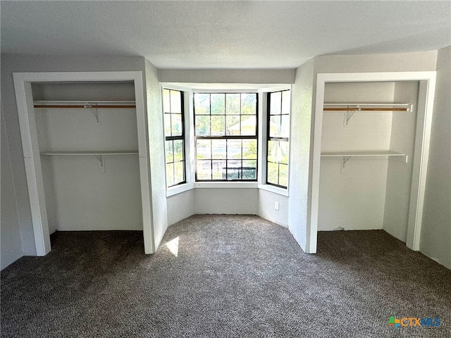 unfurnished bedroom featuring carpet, a textured ceiling, and multiple closets