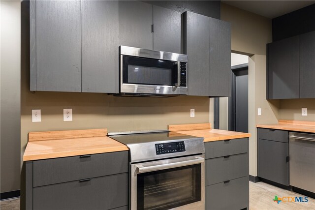 kitchen with appliances with stainless steel finishes, butcher block countertops, and gray cabinetry