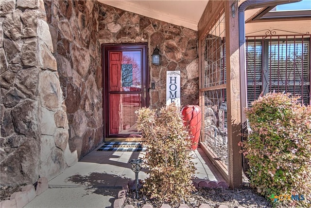 doorway to property featuring stone siding