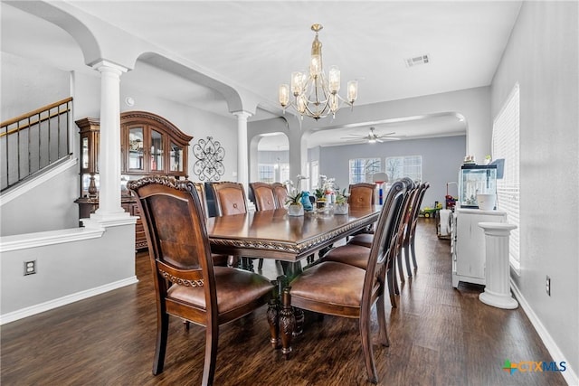 dining space with a ceiling fan, visible vents, ornate columns, and wood finished floors