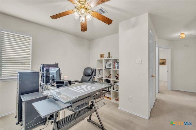 4602 Causeway Ct, Killeen, TX 76549 - office area featuring light colored carpet, a ceiling fan, and baseboards