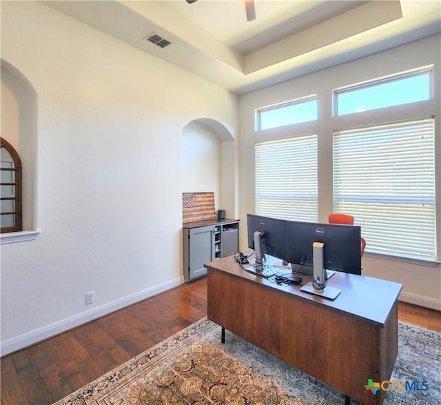 555 Solms Frst, New Braunfels, TX 78132 - office featuring a tray ceiling, wood finished floors, baseboards, and ceiling fan