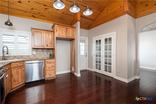 2241 Berger Rd, Temple, TX 76501 - kitchen featuring stainless steel dishwasher, french doors, lofted ceiling, wood ceiling, and baseboards
