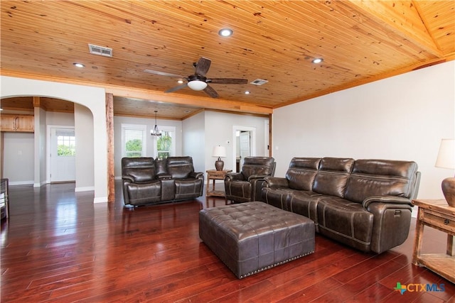 2241 Berger Rd, Temple, TX 76501 - living area featuring arched walkways, wood ceiling, dark wood finished floors, a ceiling fan, and ornamental molding