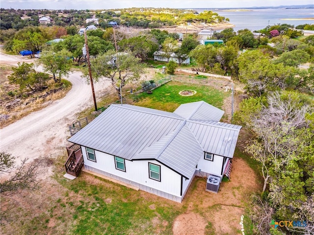 drone / aerial view featuring a water view