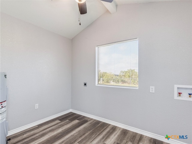 empty room with lofted ceiling with beams, dark hardwood / wood-style floors, and ceiling fan