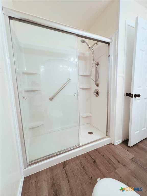 bathroom with walk in shower and wood-type flooring