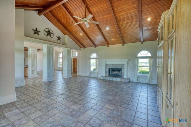 1041 Clarence Rd, Temple, TX 76501 - unfurnished living room featuring high vaulted ceiling, baseboards, a fireplace, and wooden ceiling