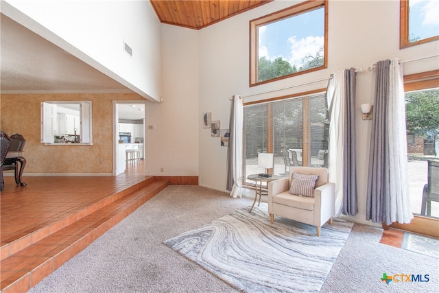 living room with high vaulted ceiling, hardwood / wood-style flooring, and crown molding