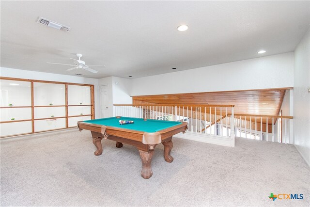 game room with pool table, carpet, and ceiling fan