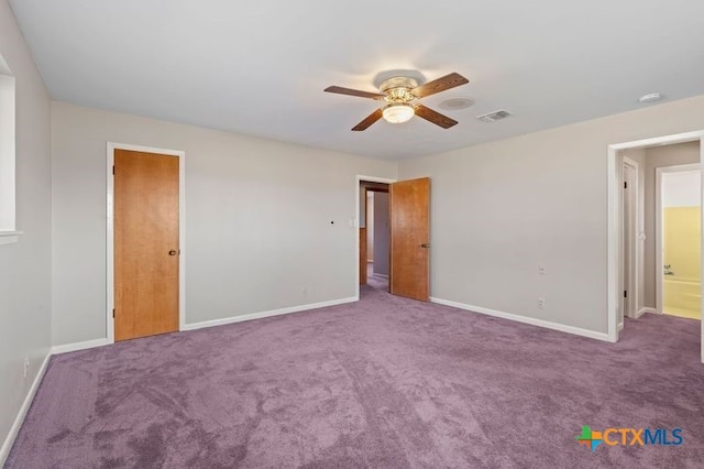 unfurnished bedroom featuring carpet flooring and ceiling fan