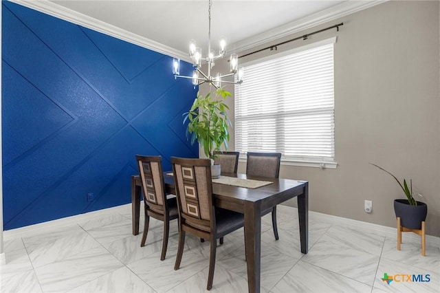 dining room with baseboards, a notable chandelier, crown molding, and marble finish floor
