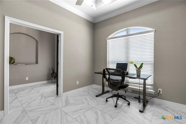 office featuring ornamental molding, marble finish floor, ceiling fan, and baseboards