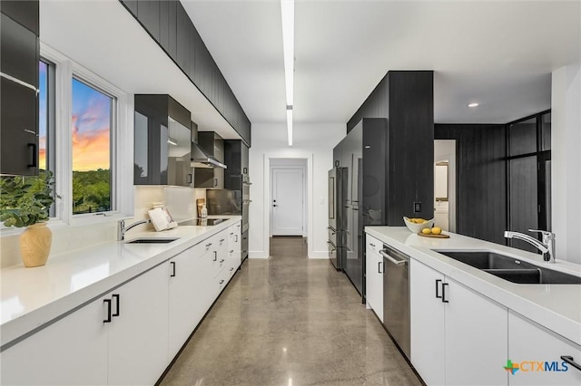 kitchen featuring white cabinets, appliances with stainless steel finishes, sink, and wall chimney exhaust hood