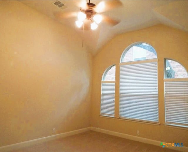3241 Ranch Park Trl, Round Rock, TX 78681 - empty room featuring a ceiling fan, baseboards, lofted ceiling, and light colored carpet