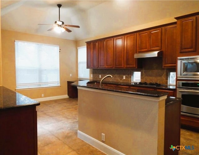 3241 Ranch Park Trl, Round Rock, TX 78681 - kitchen with appliances with stainless steel finishes, a ceiling fan, under cabinet range hood, decorative backsplash, and lofted ceiling