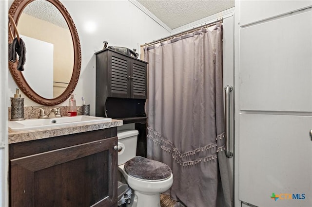 109 E Moonlight Dr, Robinson, TX 76706 - bathroom with a textured ceiling, vanity, toilet, walk in shower, and crown molding