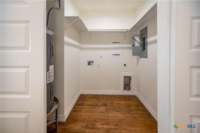 177 Powderhorn Ln, Port Lavaca, TX 77979 - laundry room featuring electric dryer hookup, electric panel, wood finished floors, washer hookup, and electric water heater