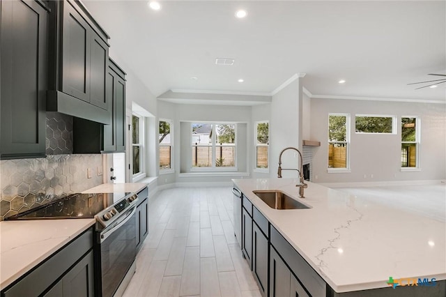 kitchen with tasteful backsplash, light stone counters, open floor plan, stainless steel appliances, and a sink