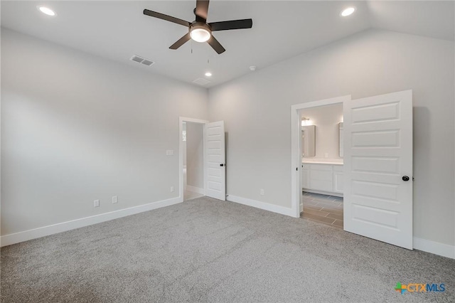 unfurnished bedroom featuring carpet, visible vents, baseboards, and recessed lighting