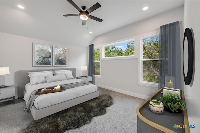 bedroom with carpet, baseboards, vaulted ceiling, and recessed lighting