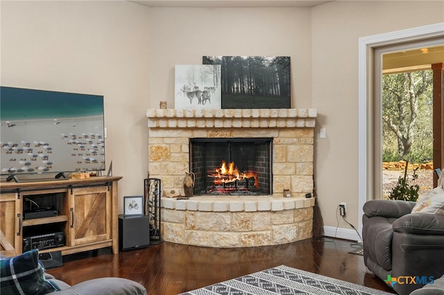 living area with baseboards, wood finished floors, and a stone fireplace