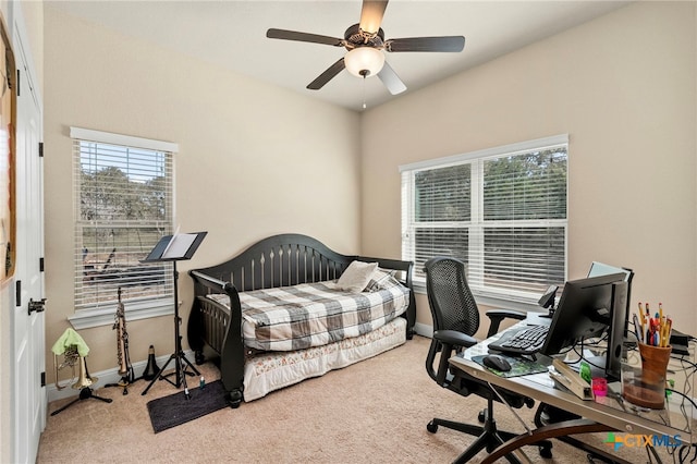 bedroom featuring carpet, a ceiling fan, and baseboards