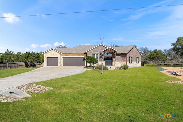 single story home with an attached garage, brick siding, fence, driveway, and a front yard