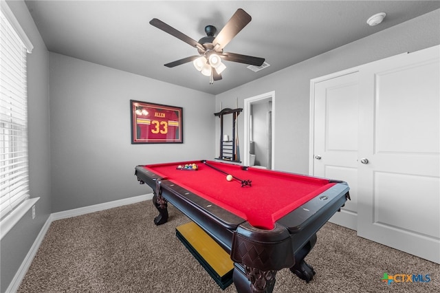 playroom featuring billiards, ceiling fan, and carpet floors