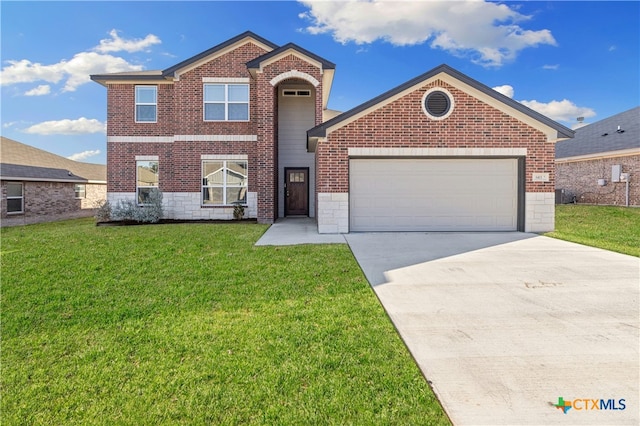 front facade featuring a garage and a front lawn