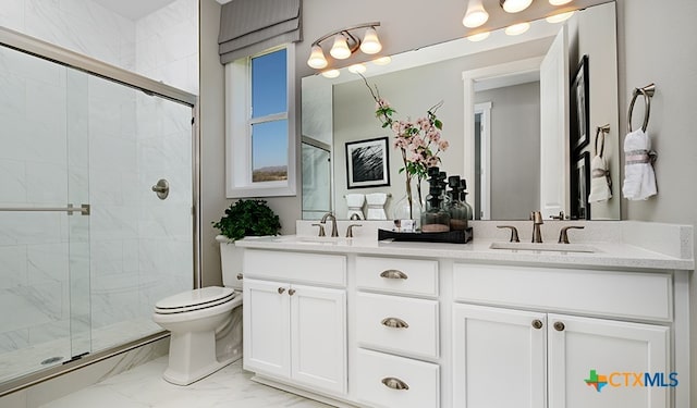 bathroom with walk in shower, vanity, and toilet