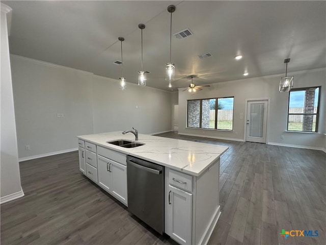 kitchen featuring a center island with sink, sink, dishwasher, decorative light fixtures, and white cabinets