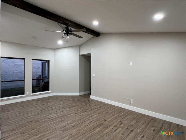 unfurnished room featuring vaulted ceiling with beams, ceiling fan, and wood-type flooring