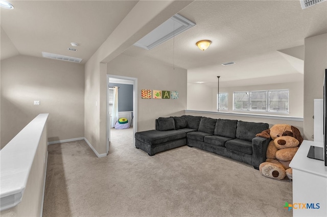 living room featuring light colored carpet and lofted ceiling